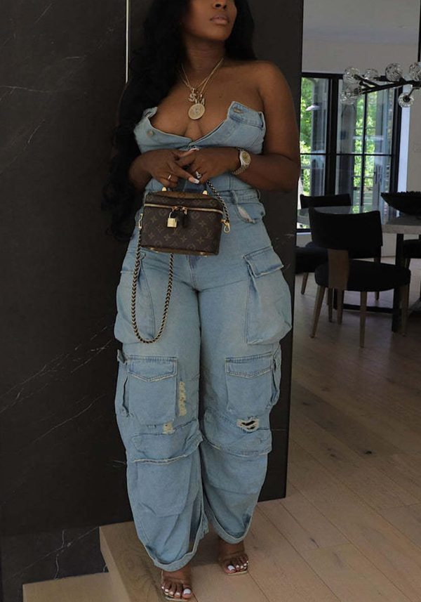 71NPBWeKaRL.jpg Women's Cargo Denim Jumpsuit Strapless Multi Pockets Wide Leg Loose Baggy Jean Romper Cargo Jeans