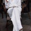 71RFwcgP8zL.jpg Women's Linen Business Set - Brown Shirt & Wide Leg Pants Elegant Professional Attire