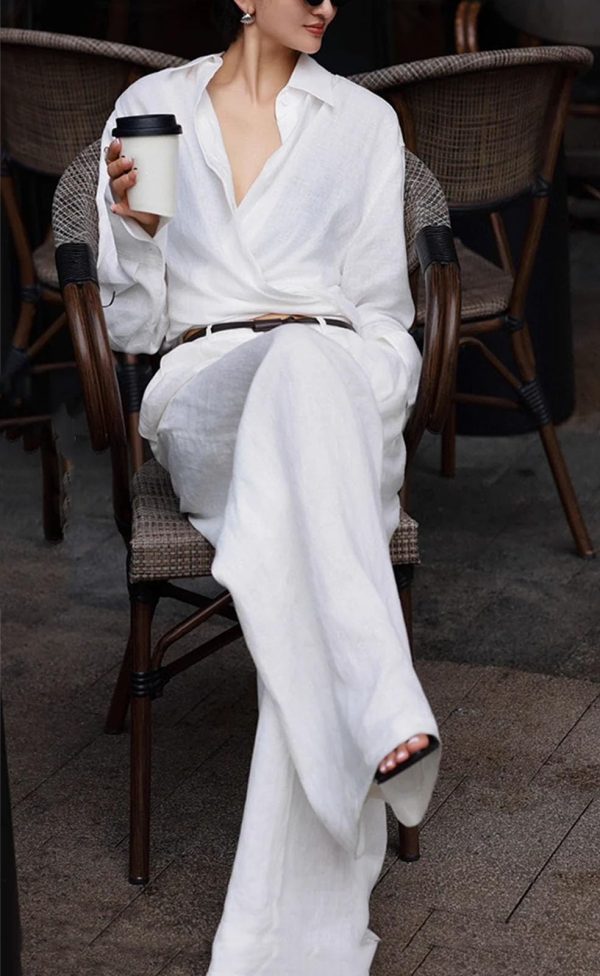 71RFwcgP8zL.jpg Women's Linen Business Set - Brown Shirt & Wide Leg Pants Elegant Professional Attire