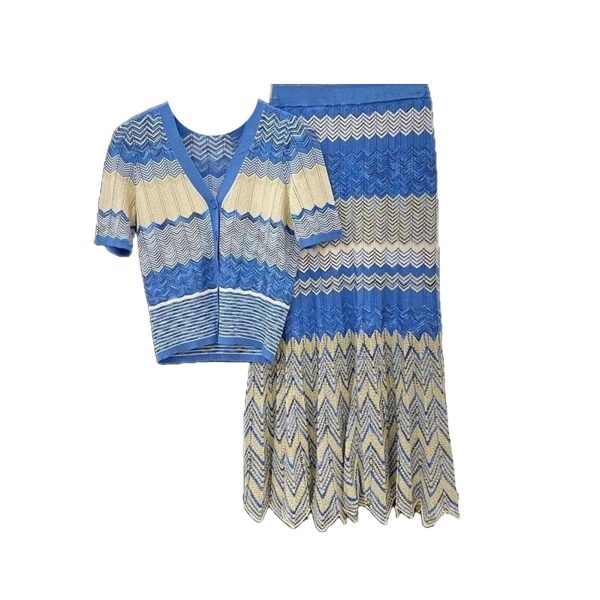 71UXLLWmRnL.jpg Women's Striped Knit Set - V-Neck Short Sleeve Top & Midi Skirt