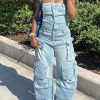 71ZefIjP1vL.jpg Women's Cargo Denim Jumpsuit Strapless Multi Pockets Wide Leg Loose Baggy Jean Romper Cargo Jeans