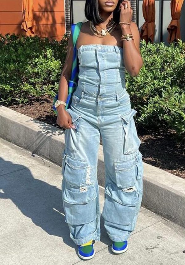 71ZefIjP1vL.jpg Women's Cargo Denim Jumpsuit Strapless Multi Pockets Wide Leg Loose Baggy Jean Romper Cargo Jeans