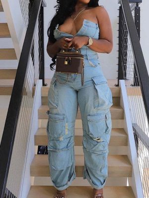 71cIzrUzn9L.jpg Women's Cargo Denim Jumpsuit Strapless Multi Pockets Wide Leg Loose Baggy Jean Romper Cargo Jeans