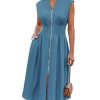 71djGPNni0L.jpg Womens Summer Casual Dress V Neck Cap Sleeve Zipper Front Flowy Midi Dress with Pockets