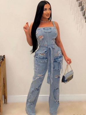 71fFrMG6oL.jpg Denim Jumpsuit for Women Halter Wide Leg Ripped Jean Jumpsuits for Women with Belt Casual Denim Romper