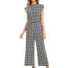 71fXQnW77HL.jpg Women's Houndstooth Mock Neck Cap Sleeve Wide Leg Jumpsuit Pants