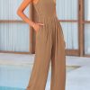 71gaMcmUedL.jpg Womens Summer Jumpsuits Dressy Casual One Piece Outfits Sleeveless Mock Neck Wide Leg Pants Rompers with Pockets