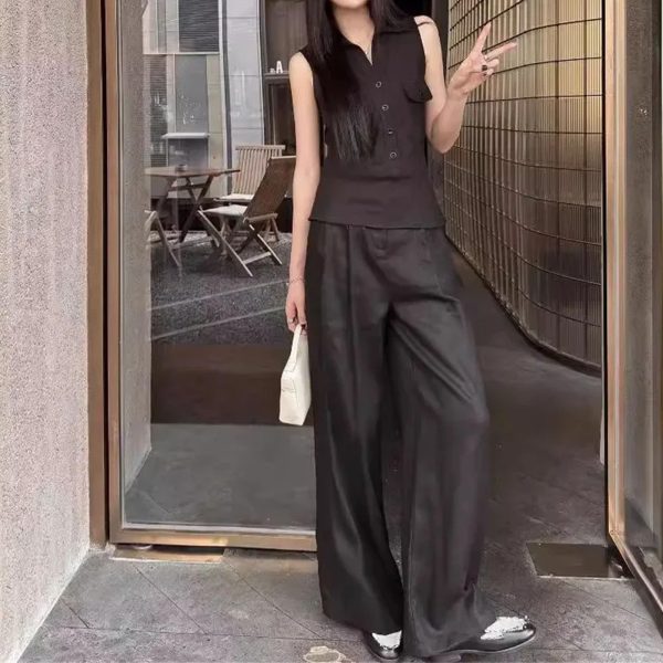 71gzpfK8bL.jpg Women's Linen Vest Set - High Waist Wide Leg Pants