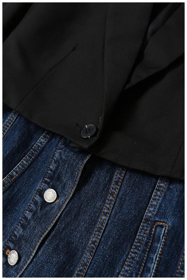 71kJfBtBIrL.jpg Women Blazer Denim Patchwork Fake Two Blazers And Jackets Color Matching Asymmetry Suit Coats