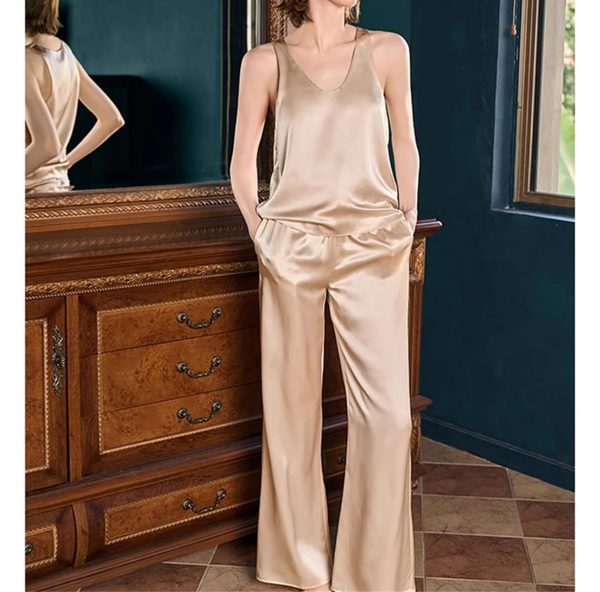 71m52KbHxL.jpg Women's Silk Sleepwear - Mid Sleeve Mulberry Pajama Set Home Holiday Relaxation
