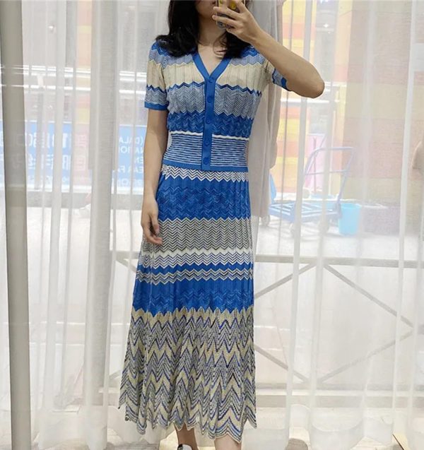 71mPjKnNO6L.jpg Women's Striped Knit Set - V-Neck Short Sleeve Top & Midi Skirt