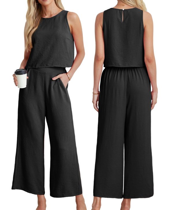 71nytkh38L.jpg Women's Summer 2 Piece Outfits Set Round neck Sleeveless Tank Crop Top Wide Leg pants Set Pockets Jumpsuits