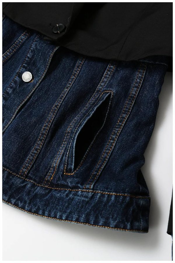 71rKS30ko-L.jpg Women Blazer Denim Patchwork Fake Two Blazers And Jackets Color Matching Asymmetry Suit Coats