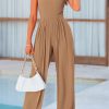71vY-5UH93L.jpg Womens Summer Jumpsuits Dressy Casual One Piece Outfits Sleeveless Mock Neck Wide Leg Pants Rompers with Pockets