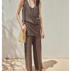 71zqNH37zyL.jpg Women's Linen Lounge Set - Coffee Vest & Wide Leg Pants Summer Cooling Athletic Wear