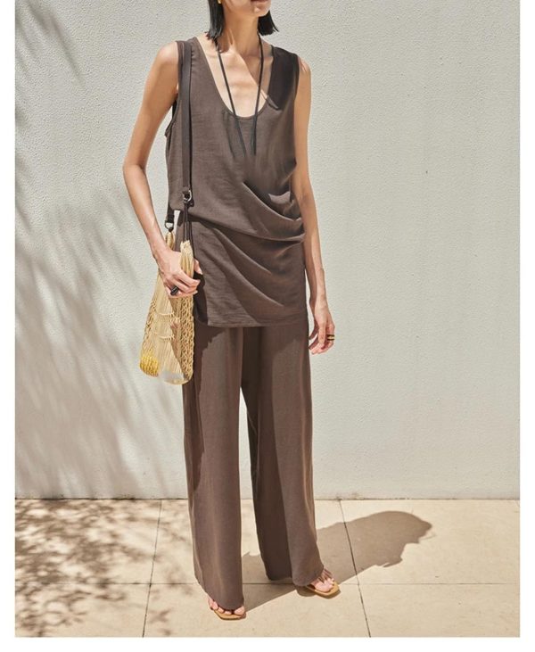 71zqNH37zyL.jpg Women's Linen Lounge Set - Coffee Vest & Wide Leg Pants Summer Cooling Athletic Wear