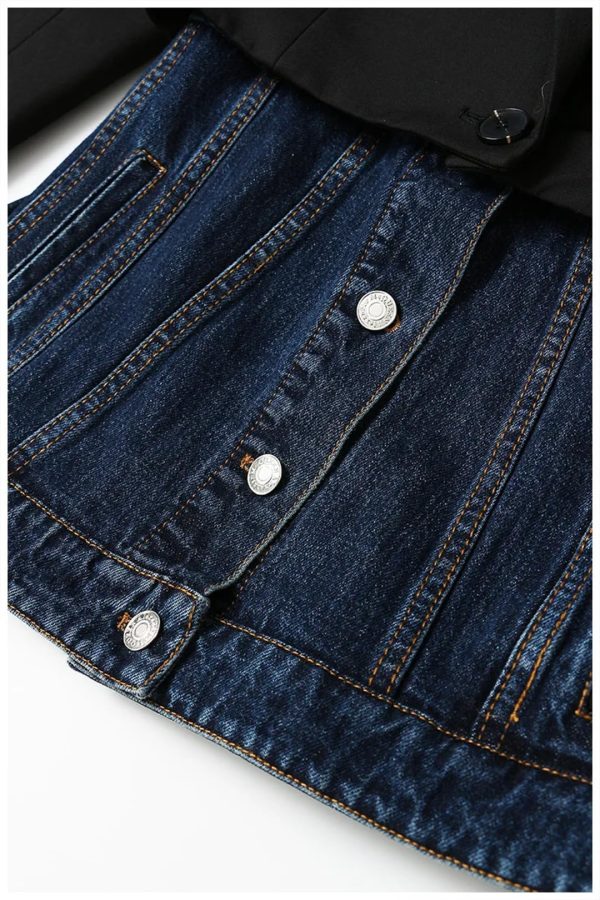 810staK6RWL.jpg Women Blazer Denim Patchwork Fake Two Blazers And Jackets Color Matching Asymmetry Suit Coats