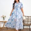 81442ijZ5tL.jpg Women's 2025 Floral Summer Dress Smocked V Neck Boho Plus Size Beach Party Wedding Guest Ruffle Long Dresses