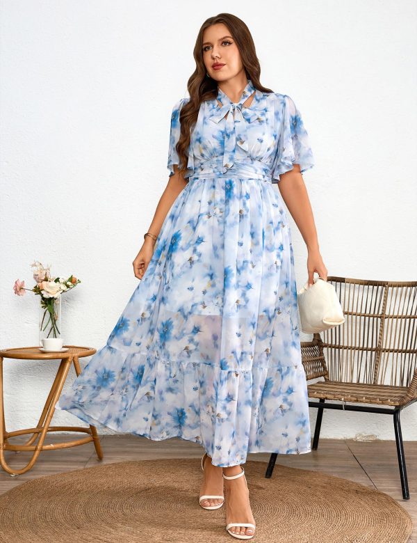 81442ijZ5tL.jpg Women's 2025 Floral Summer Dress Smocked V Neck Boho Plus Size Beach Party Wedding Guest Ruffle Long Dresses