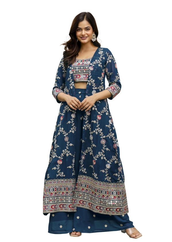 818w00OhLAL.jpg Women's Georgette Embroidery Crop Top with Flared Palazzo and Shrug Set