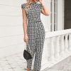 81DDhQF-mKL.jpg Women's Houndstooth Mock Neck Cap Sleeve Wide Leg Jumpsuit Pants