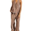81GOUta1C-L.jpg Womens 2 Piece Outfits Button Up Sexy Low Back Halter Vest Wide Leg Pants Cotton Linen Set Casual Dressy Suit Set