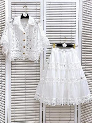 81GWXMkF6JL.jpg Women’S Embroidered Lace Jacket with Pleated Skirt Set Summer Holiday Wear Hollow Out Design Two Piece Outfit