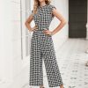81L699rhBHL.jpg Women's Houndstooth Mock Neck Cap Sleeve Wide Leg Jumpsuit Pants