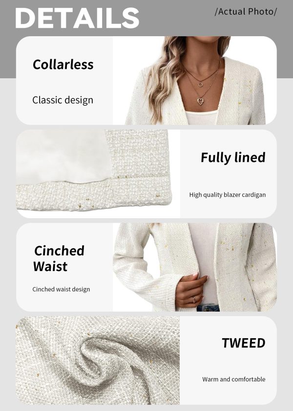 81M15CILd6L.jpg 2025 Women's Spring Tweed Blazer Fully-Lined Collarless Open Front Elegant Petite Cute Fashion Casual Work Jacket