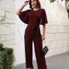 81M50MZ0b1L.jpg Women Casual Loose Short Sleeve Belted Wide Leg Pant Romper Jumpsuits