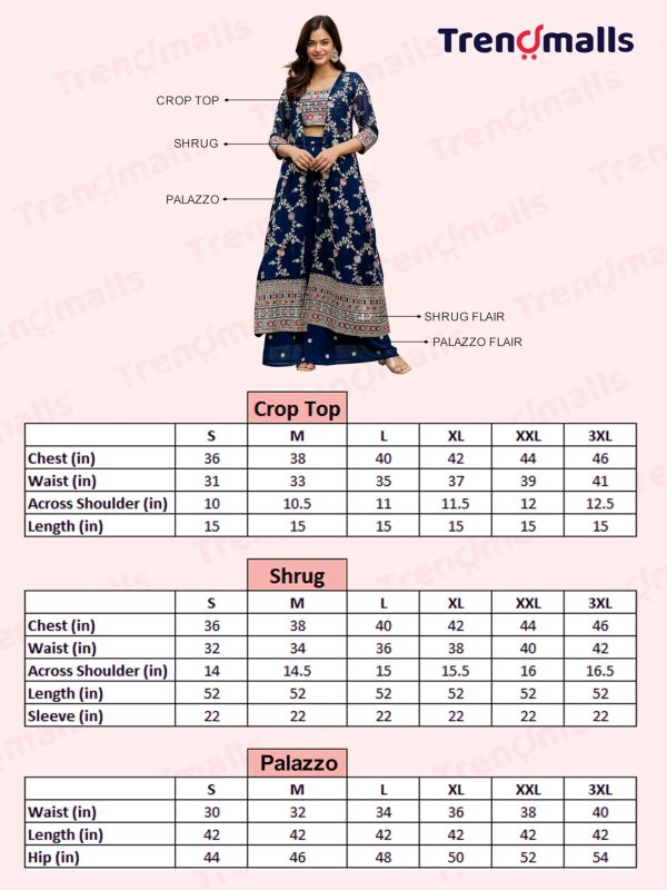 81NtUzy2ZwL.jpg Women's Georgette Embroidery Crop Top with Flared Palazzo and Shrug Set