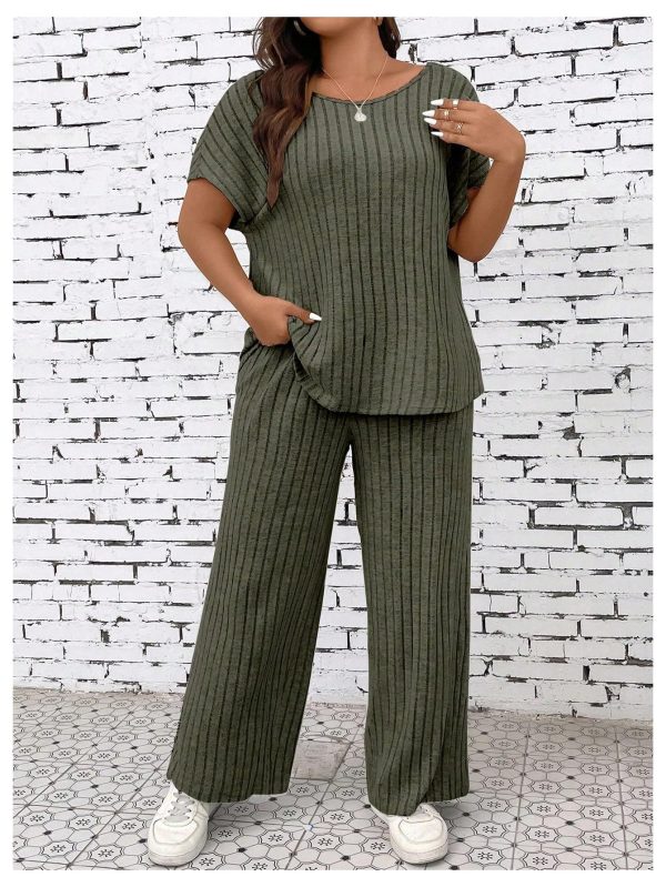 81OFnoZvcL.jpg Women's Plus Size Short Sleeve Tee Shirt Wide Leg Pants 2 Piece Tracksuit