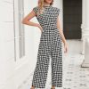 81QpWrSyPzL.jpg Women's Houndstooth Mock Neck Cap Sleeve Wide Leg Jumpsuit Pants