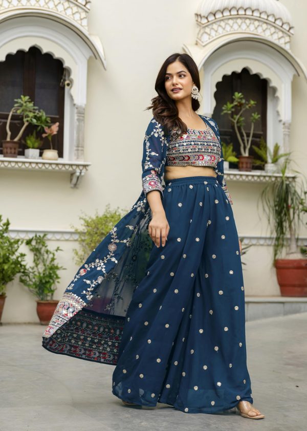 81SZ9NyIqL.jpg Women's Georgette Embroidery Crop Top with Flared Palazzo and Shrug Set