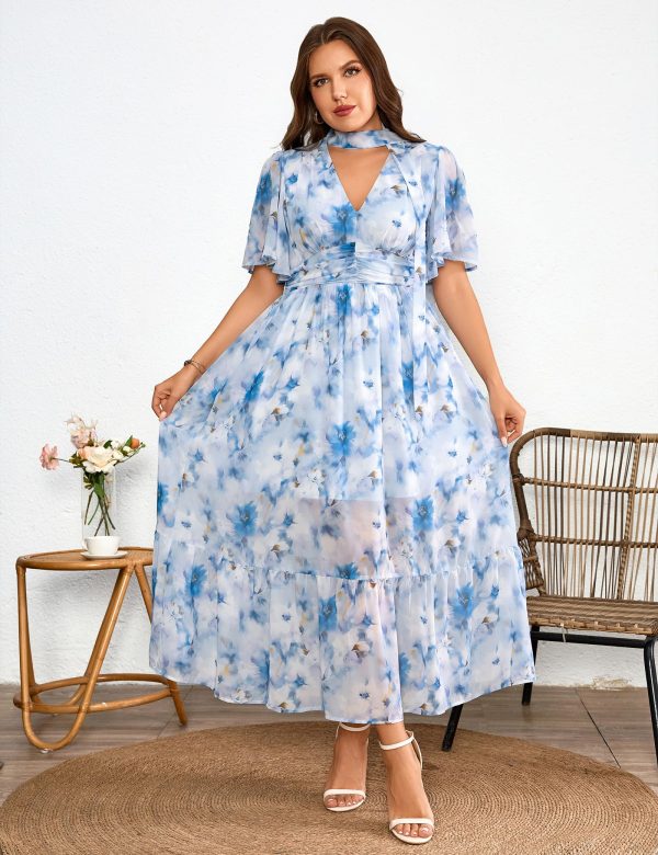81cdUmTjXjL.jpg Women's 2025 Floral Summer Dress Smocked V Neck Boho Plus Size Beach Party Wedding Guest Ruffle Long Dresses