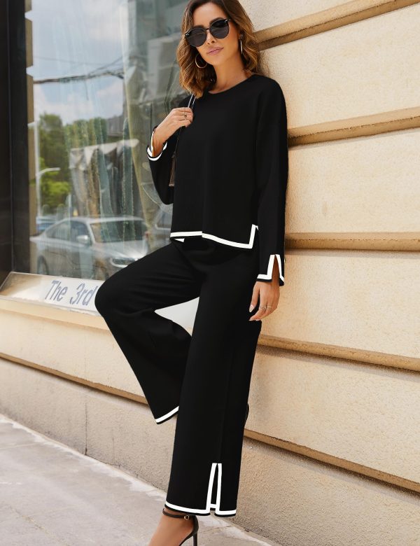 81gXMIMqadL.jpg Women's 2 Piece Outfits Long Sleeve Knit Sweater Top Wide Leg Pants Lounge Sets Tracksuits