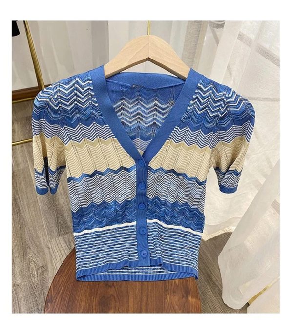 81j1Dy2TvNL.jpg Women's Striped Knit Set - V-Neck Short Sleeve Top & Midi Skirt