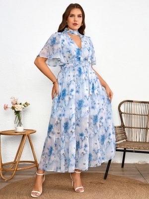 81jOll97CxL.jpg Women's 2025 Floral Summer Dress Smocked V Neck Boho Plus Size Beach Party Wedding Guest Ruffle Long Dresses