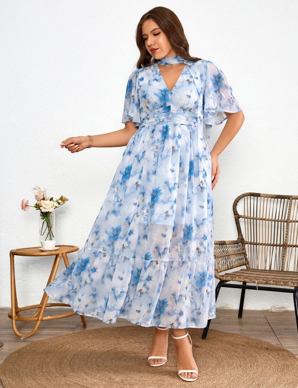 81jaHQBfDhL.jpg Women's 2025 Floral Summer Dress Smocked V Neck Boho Plus Size Beach Party Wedding Guest Ruffle Long Dresses