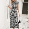 81r8Jpn-fSL.jpg Women's Houndstooth Mock Neck Cap Sleeve Wide Leg Jumpsuit Pants