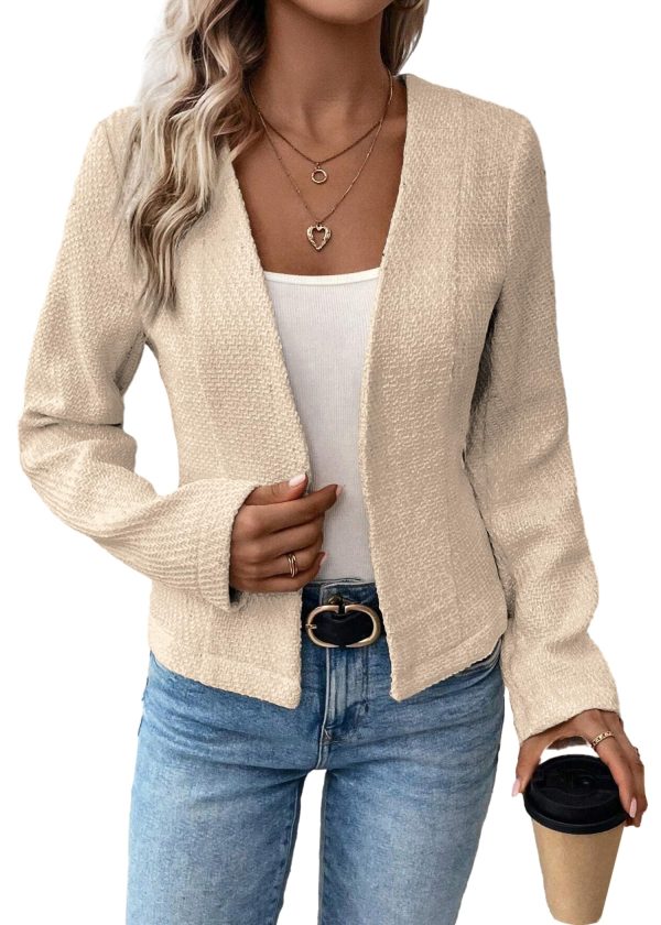 81rknQRm0ZL.jpg 2025 Women's Spring Tweed Blazer Fully-Lined Collarless Open Front Elegant Petite Cute Fashion Casual Work Jacket