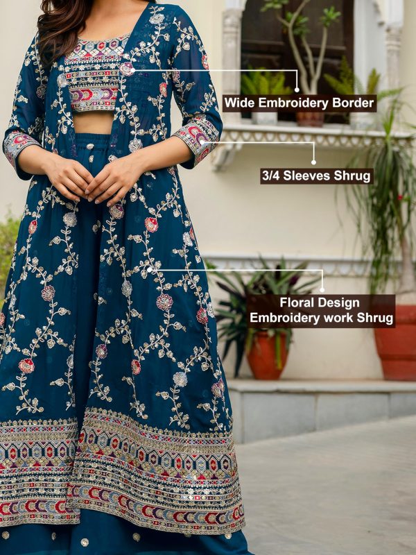 91LOM-KJh9L.jpg Women's Georgette Embroidery Crop Top with Flared Palazzo and Shrug Set
