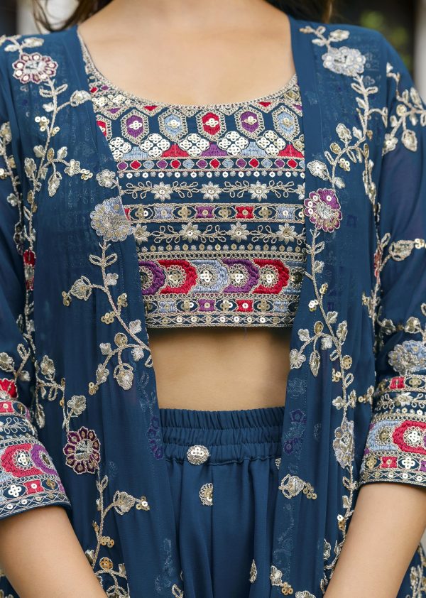 91XvcYpQ6uL.jpg Women's Georgette Embroidery Crop Top with Flared Palazzo and Shrug Set