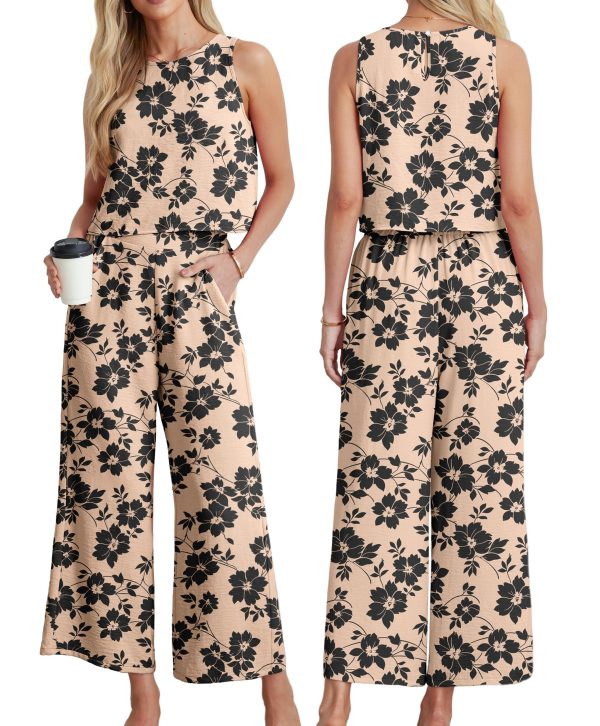 91yISq1CfxL.jpg Women's Summer 2 Piece Outfits Set Round neck Sleeveless Tank Crop Top Wide Leg pants Set Pockets Jumpsuits